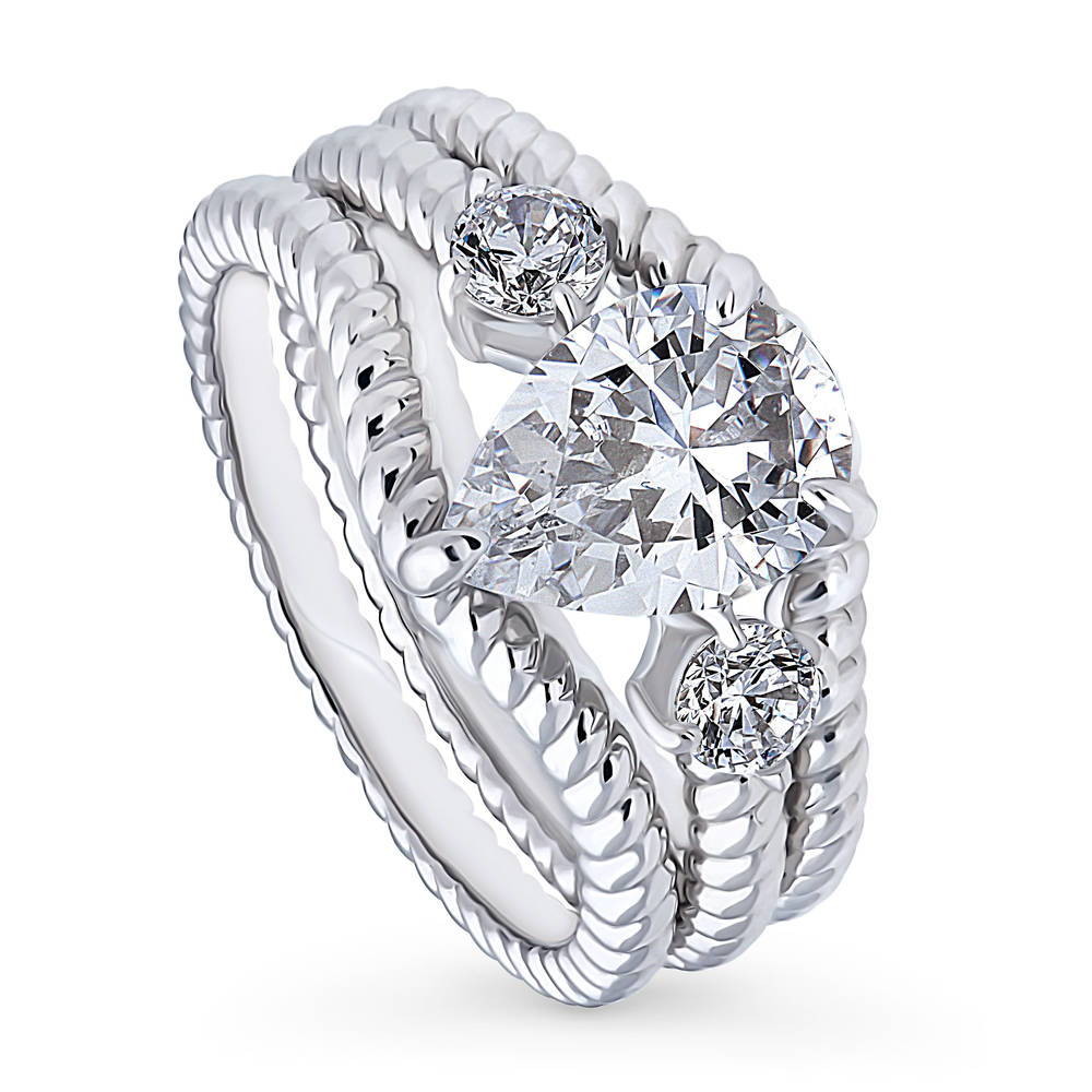 Front view of 3-Stone Woven 1.8ct Pear CZ Ring Set in Sterling Silver, 4 of 13