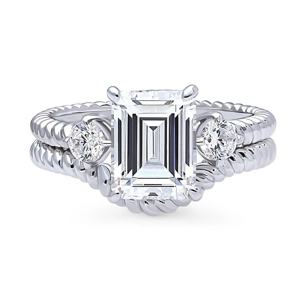 3-Stone Chevron Emerald Cut CZ Ring Set in Sterling Silver, 1 of 17