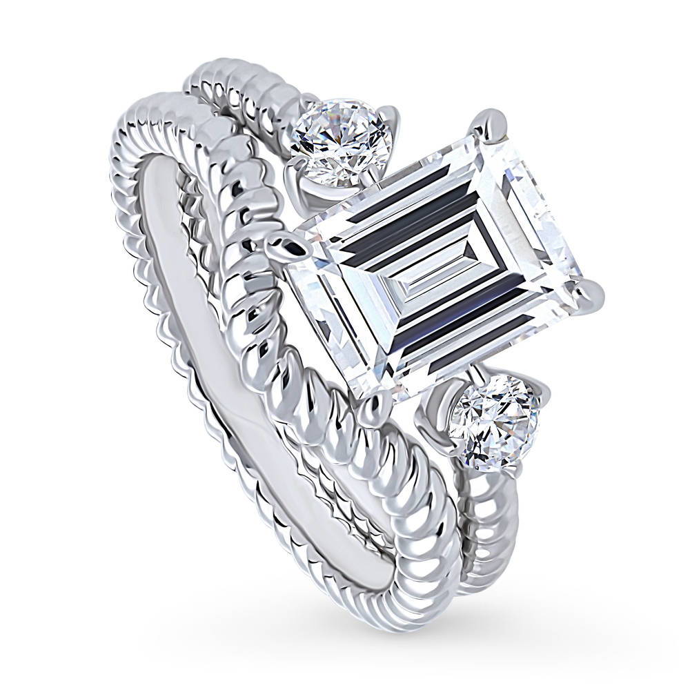 3-Stone Woven Wishbone Chevron CZ Ring Set in Sterling Silver