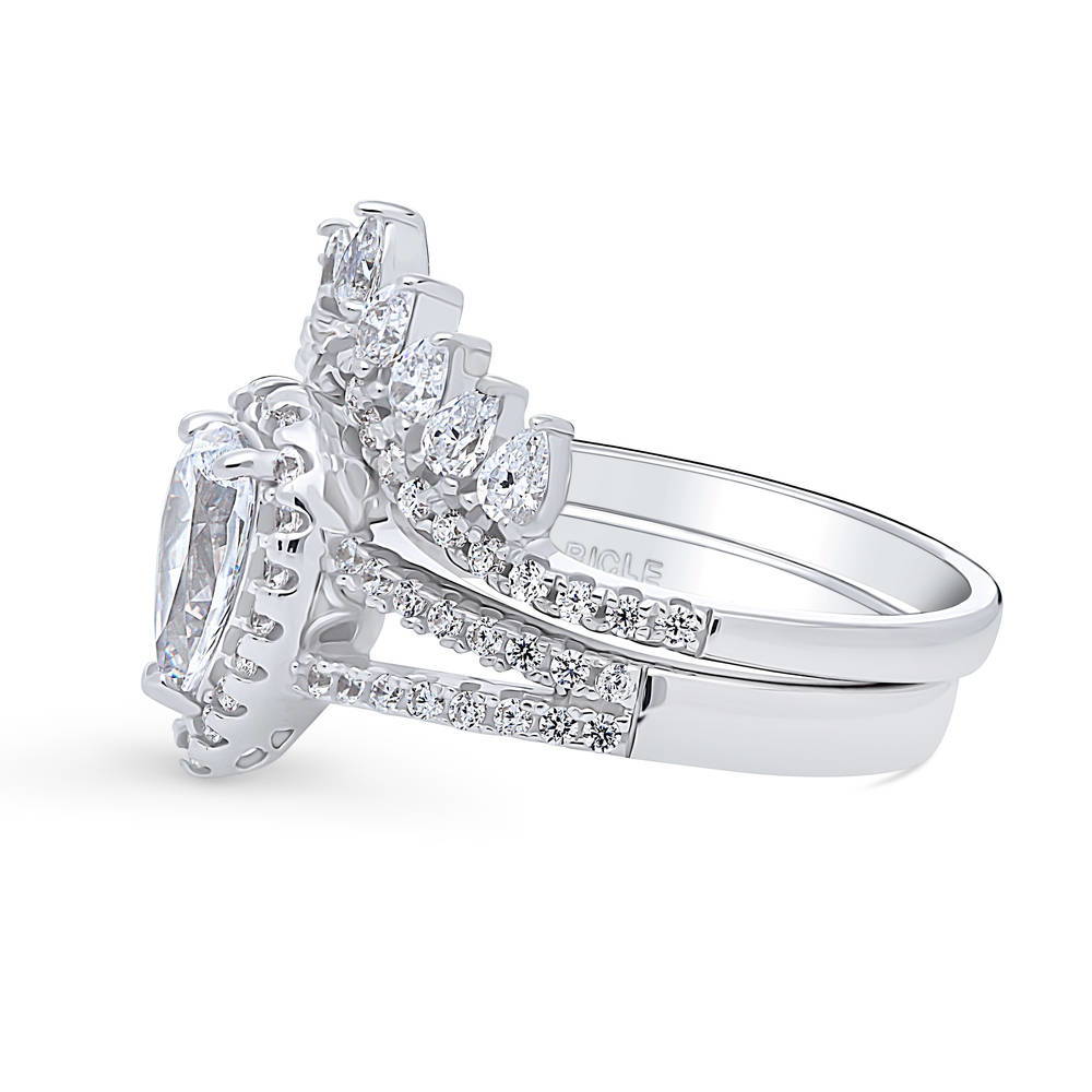 Angle view of Halo Pear CZ Split Shank Ring Set in Sterling Silver, 4 of 18