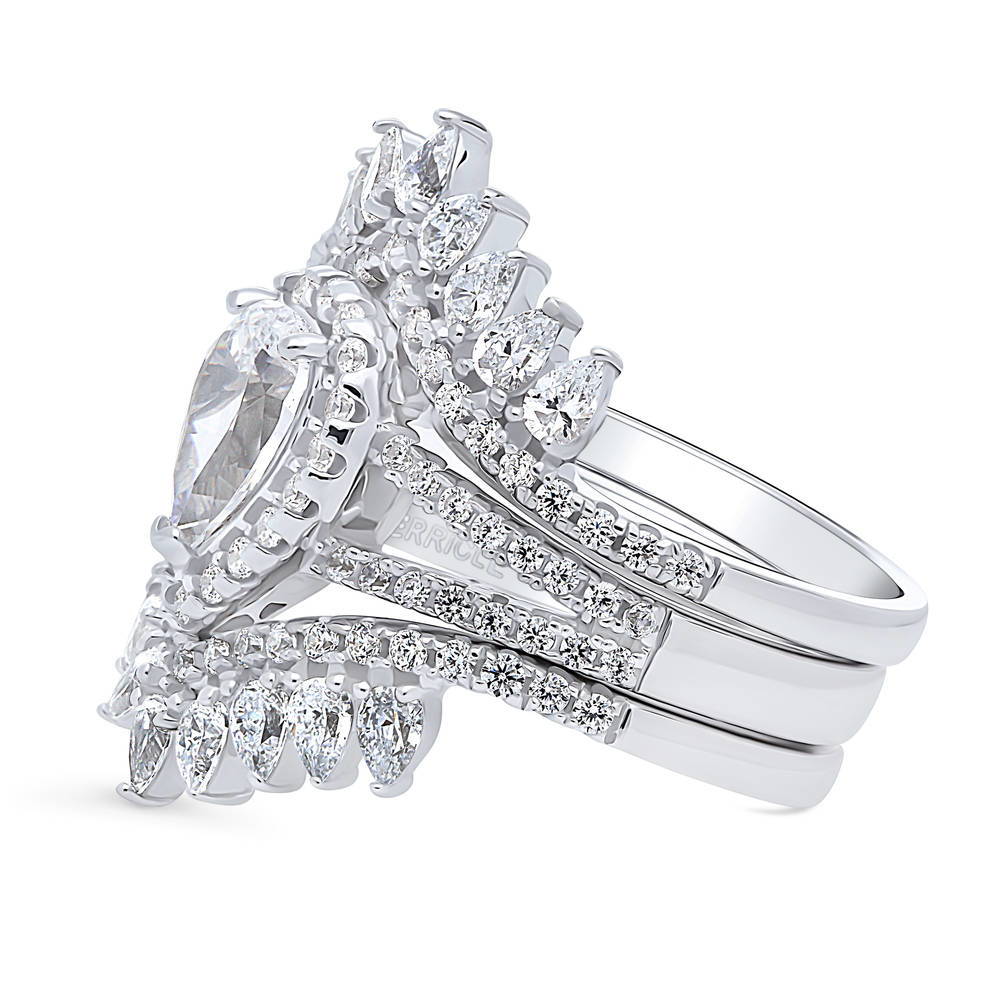 Angle view of Halo Pear CZ Split Shank Ring Set in Sterling Silver, 4 of 18