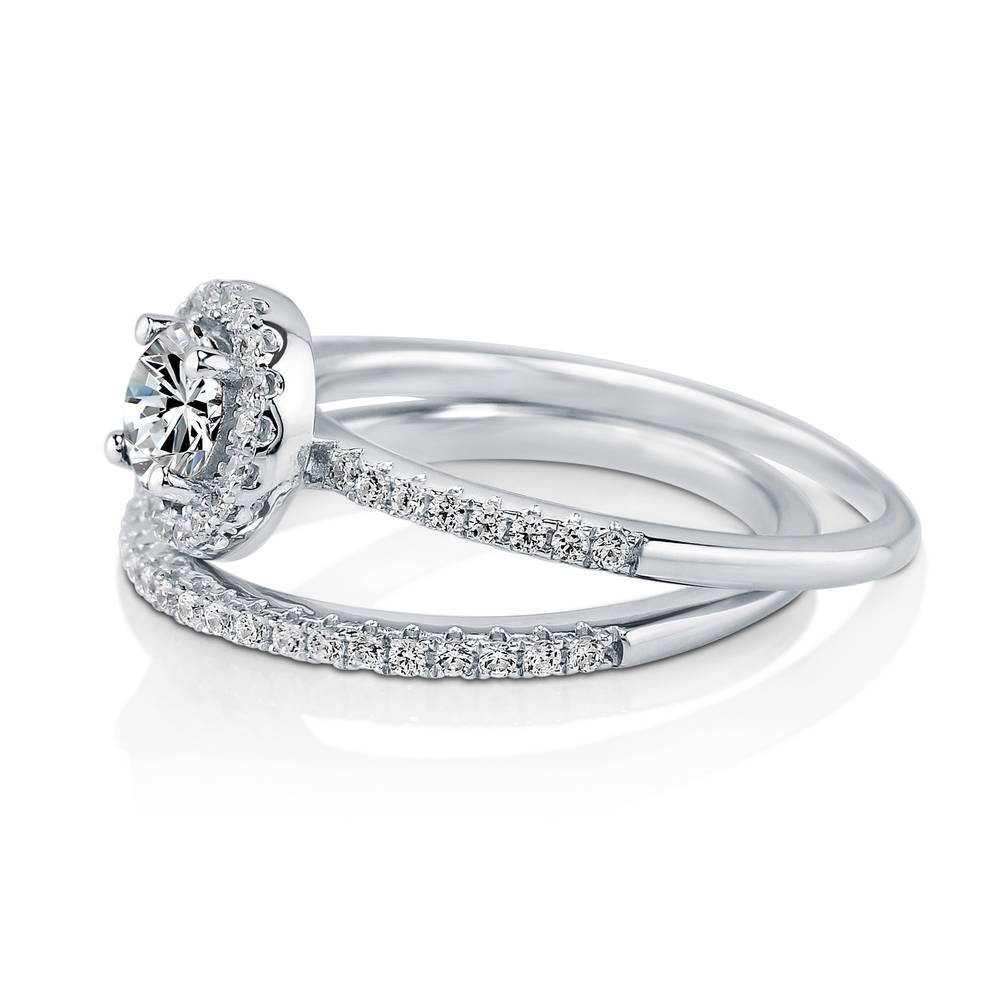 Angle view of Halo Round CZ Ring Set in Sterling Silver, 4 of 7
