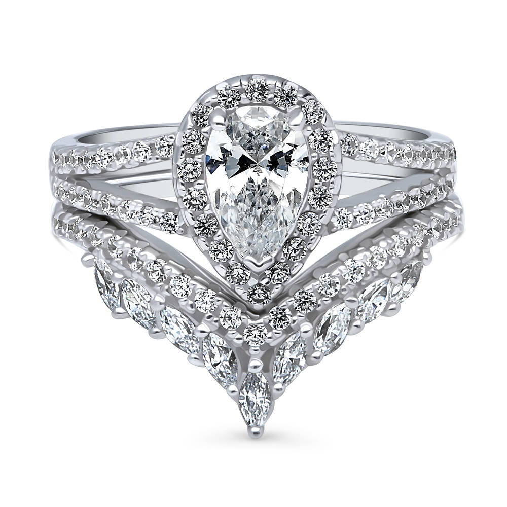 Halo Wishbone Pear CZ Split Shank Ring Set in Sterling Silver, 1 of 20