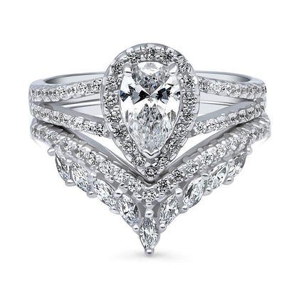 Halo Wishbone Pear CZ Split Shank Ring Set in Sterling Silver