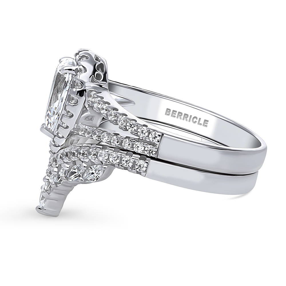 Angle view of Halo Pear CZ Split Shank Ring Set in Sterling Silver, 4 of 18