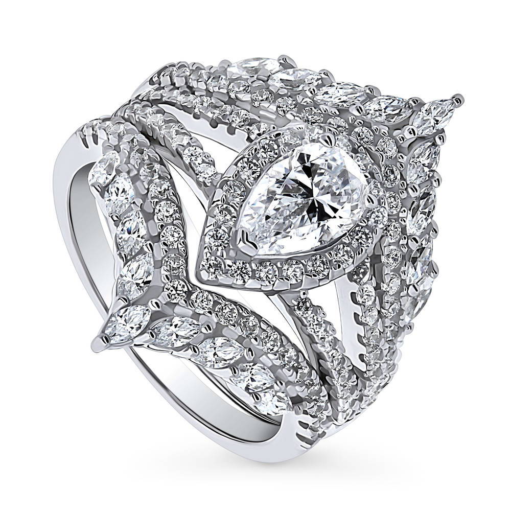 Front view of Halo Pear CZ Split Shank Ring Set in Sterling Silver, 3 of 18