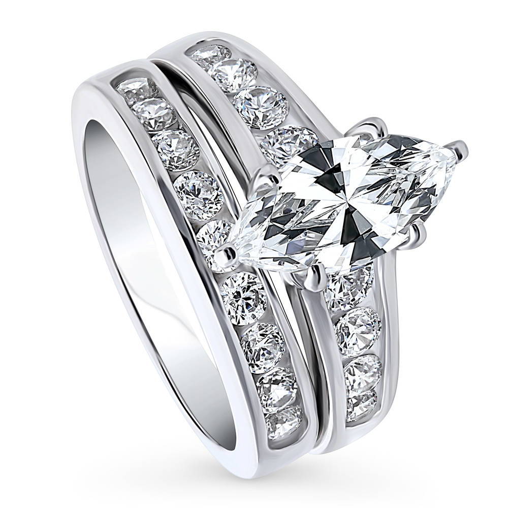 Front view of Solitaire 1.6ct Marquise CZ Statement Ring Set in Sterling Silver, 3 of 18