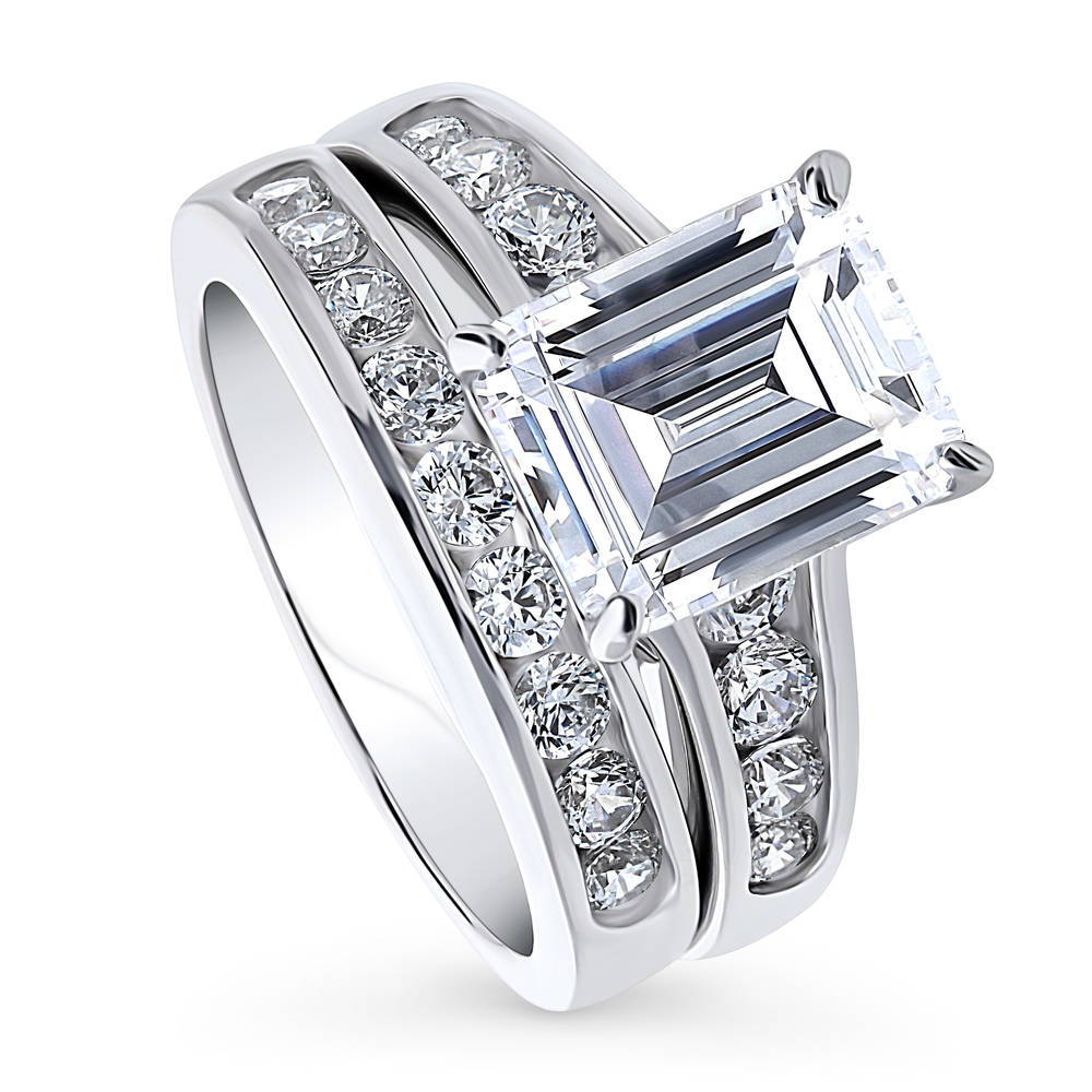 Front view of Solitaire 3.8ct Emerald Cut CZ Statement Ring Set in Sterling Silver, 4 of 18