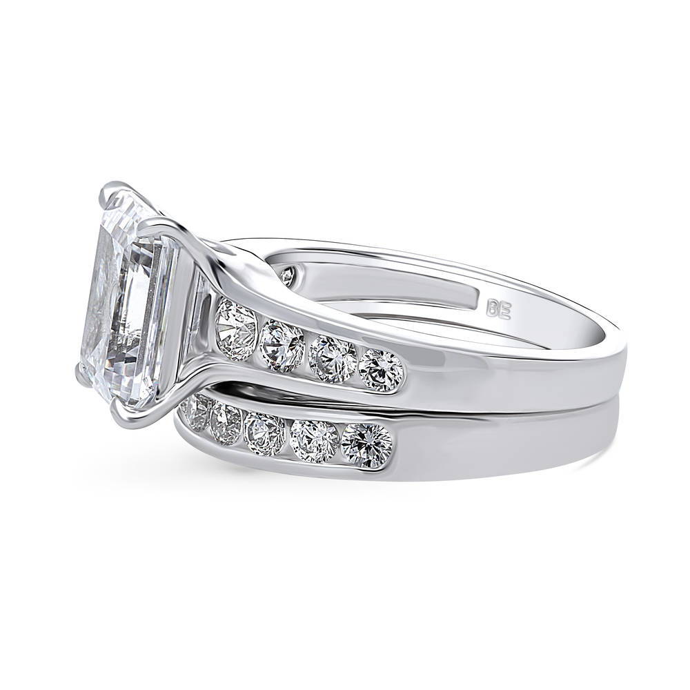 Angle view of Solitaire 3.8ct Emerald Cut CZ Statement Ring Set in Sterling Silver, 5 of 18