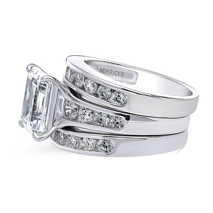 Solitaire 3.8ct Emerald Cut CZ Ring Set in Sterling Silver