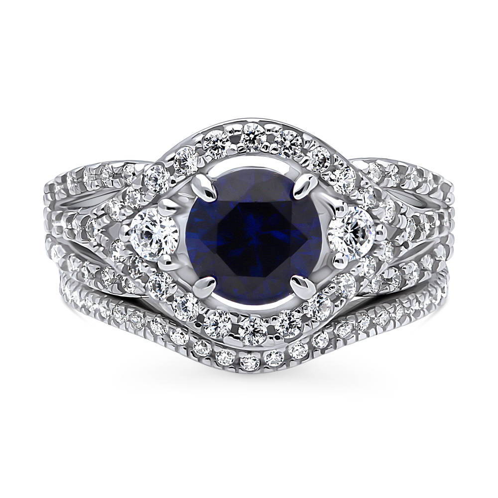 3-Stone Simulated Blue Sapphire Round CZ Ring Set in Sterling Silver, 1 of 18