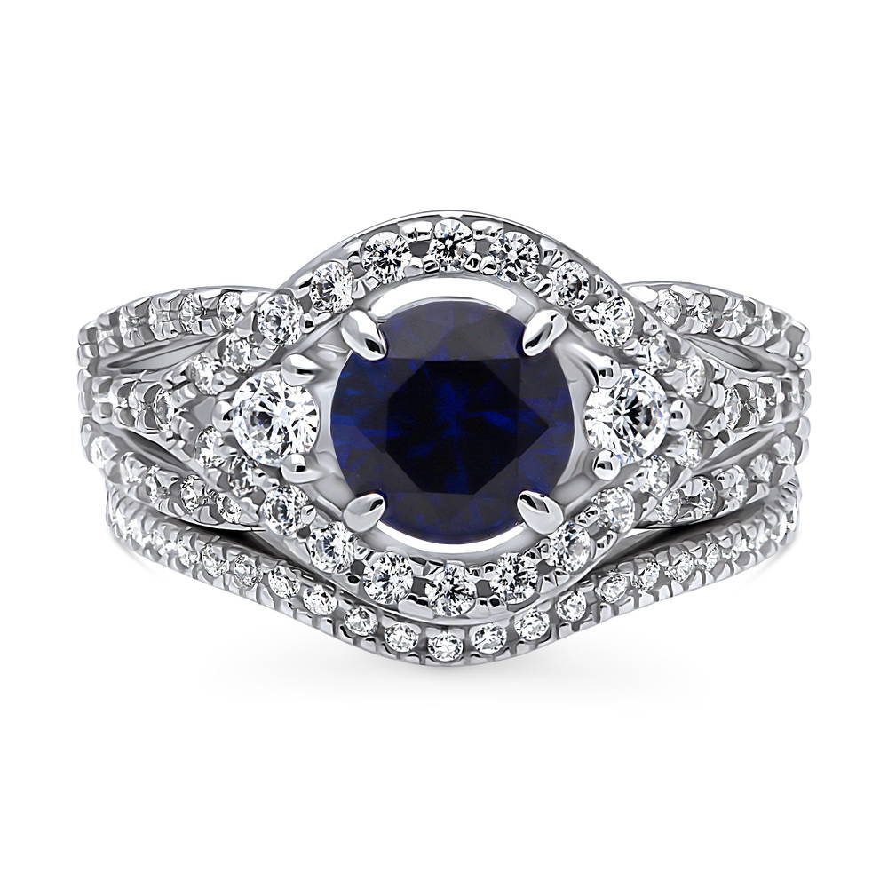 3-Stone Woven Halo Sapphire-Blue CZ Ring Set in Sterling Silver, 1 of 16