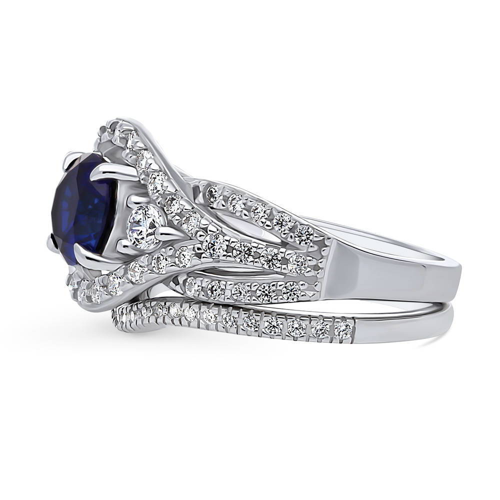 Angle view of 3-Stone Simulated Blue Sapphire Round CZ Ring Set in Sterling Silver, 4 of 17