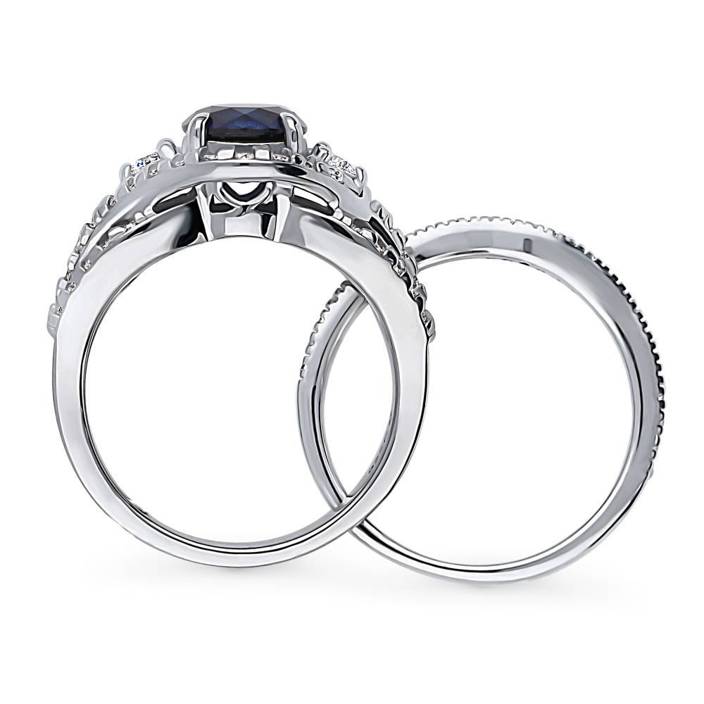 Alternate view of 3-Stone Woven Halo Sapphire-Blue CZ Ring Set in Sterling Silver, 7 of 16
