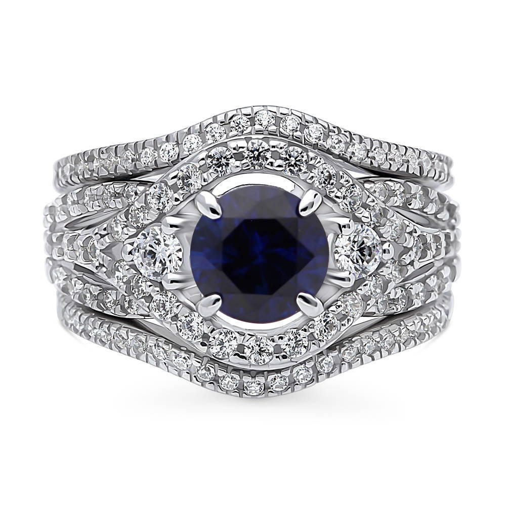 3-Stone Woven Halo Sapphire-Blue CZ Ring Set in Sterling Silver, 1 of 16