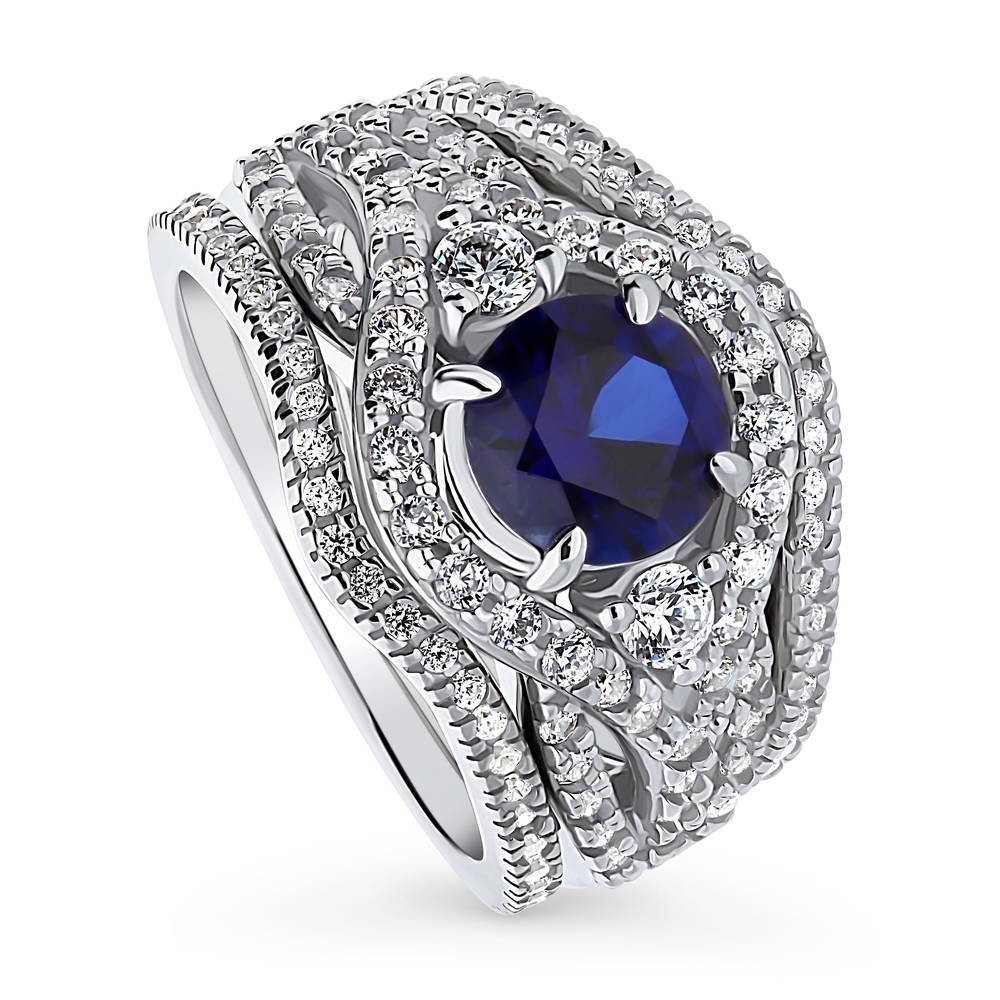 Front view of 3-Stone Simulated Blue Sapphire Round CZ Ring Set in Sterling Silver, 3 of 17
