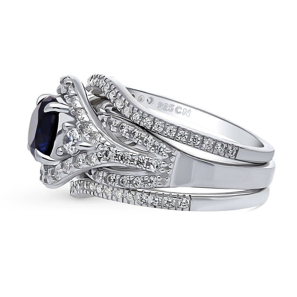 Angle view of 3-Stone Simulated Blue Sapphire Round CZ Ring Set in Sterling Silver, 4 of 17