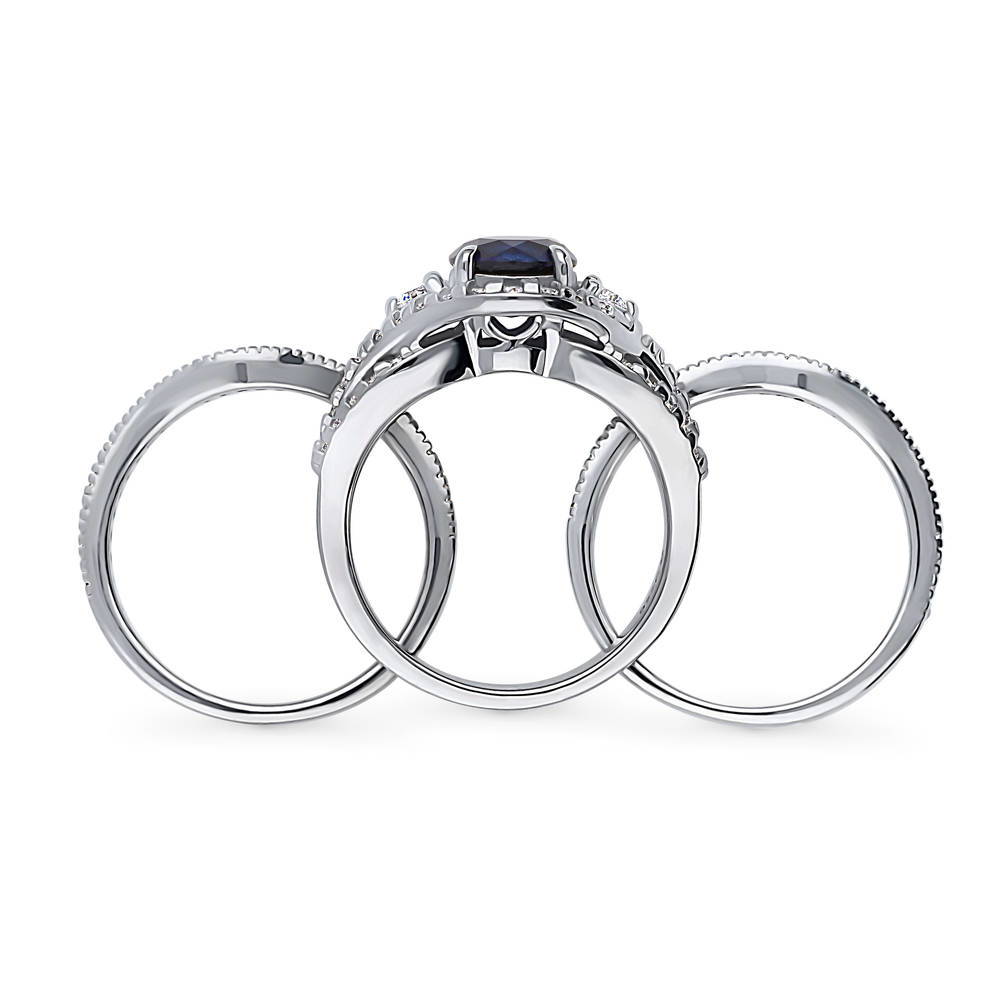 Alternate view of 3-Stone Woven Halo Sapphire-Blue CZ Ring Set in Sterling Silver, 7 of 16