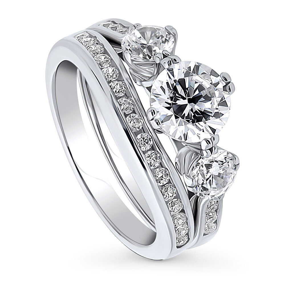 Front view of 3-Stone Round CZ Ring Set in Sterling Silver, 4 of 13