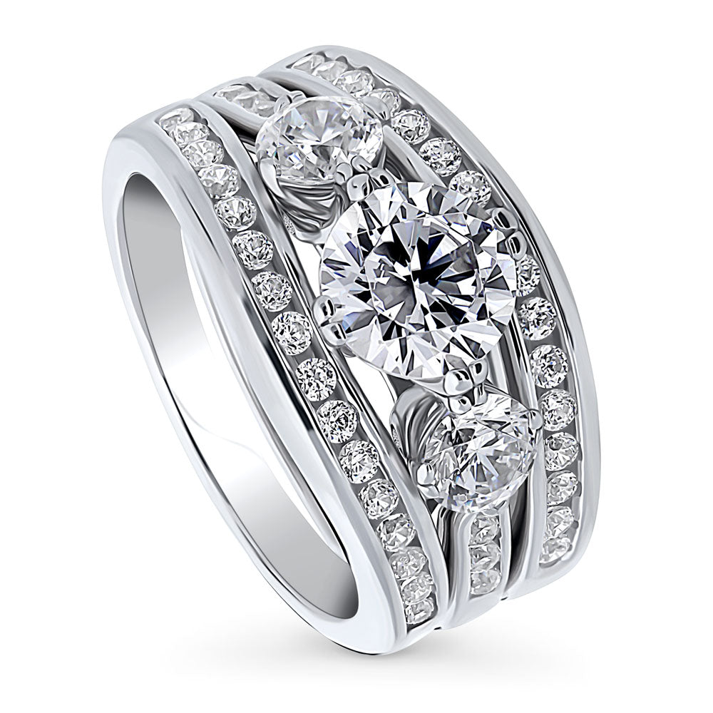 Front view of 3-Stone Round CZ Ring Set in Sterling Silver, 4 of 13