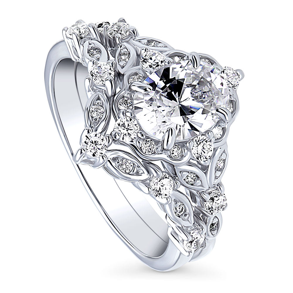 Front view of Chevron Halo CZ Ring Set in Sterling Silver, 3 of 19