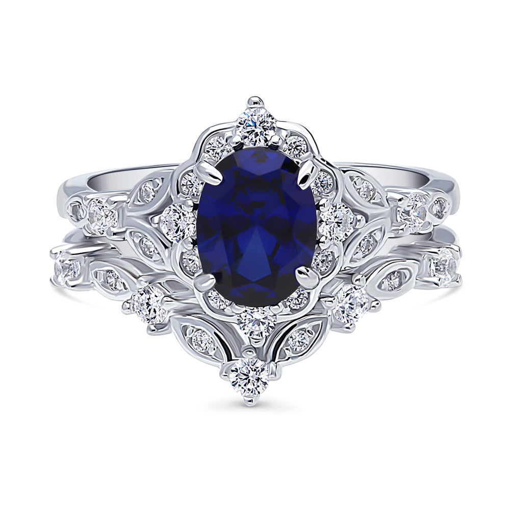 Chevron Halo Simulated Blue Sapphire CZ Ring Set in Sterling Silver, 1 of 17