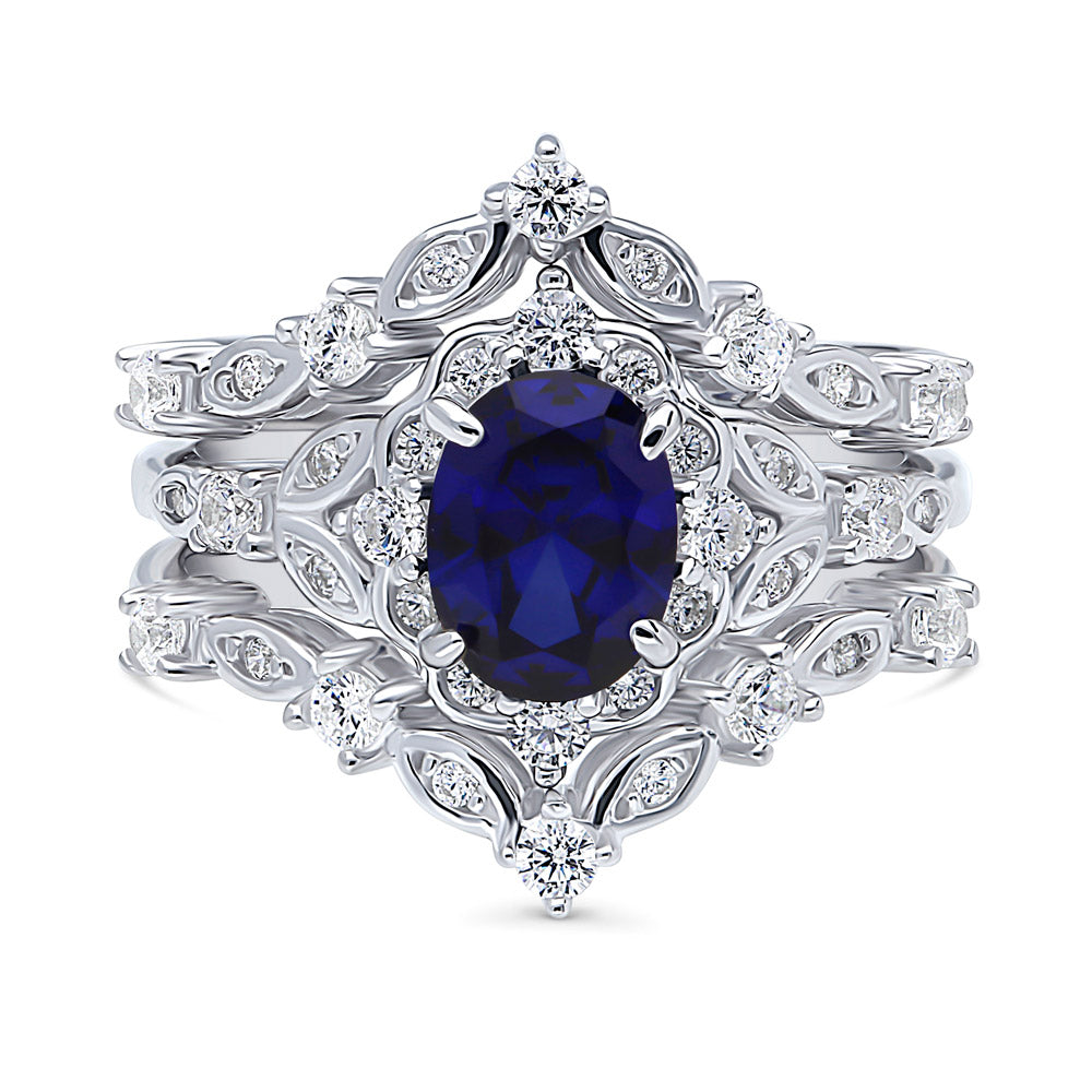Chevron Halo Simulated Blue Sapphire CZ Ring Set in Sterling Silver, 1 of 17