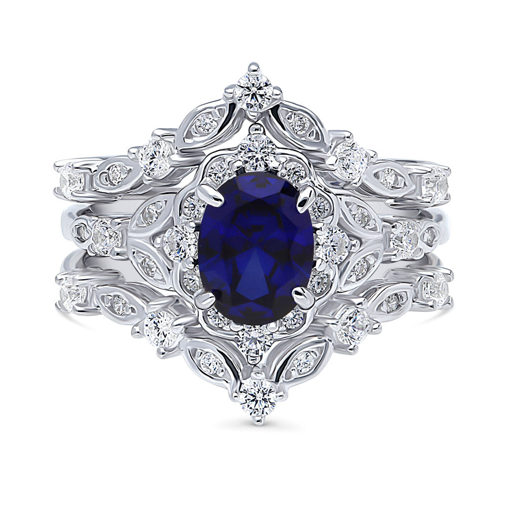 Halo Simulated Blue Sapphire Oval CZ Ring Set in Sterling Silver, 1 of 18