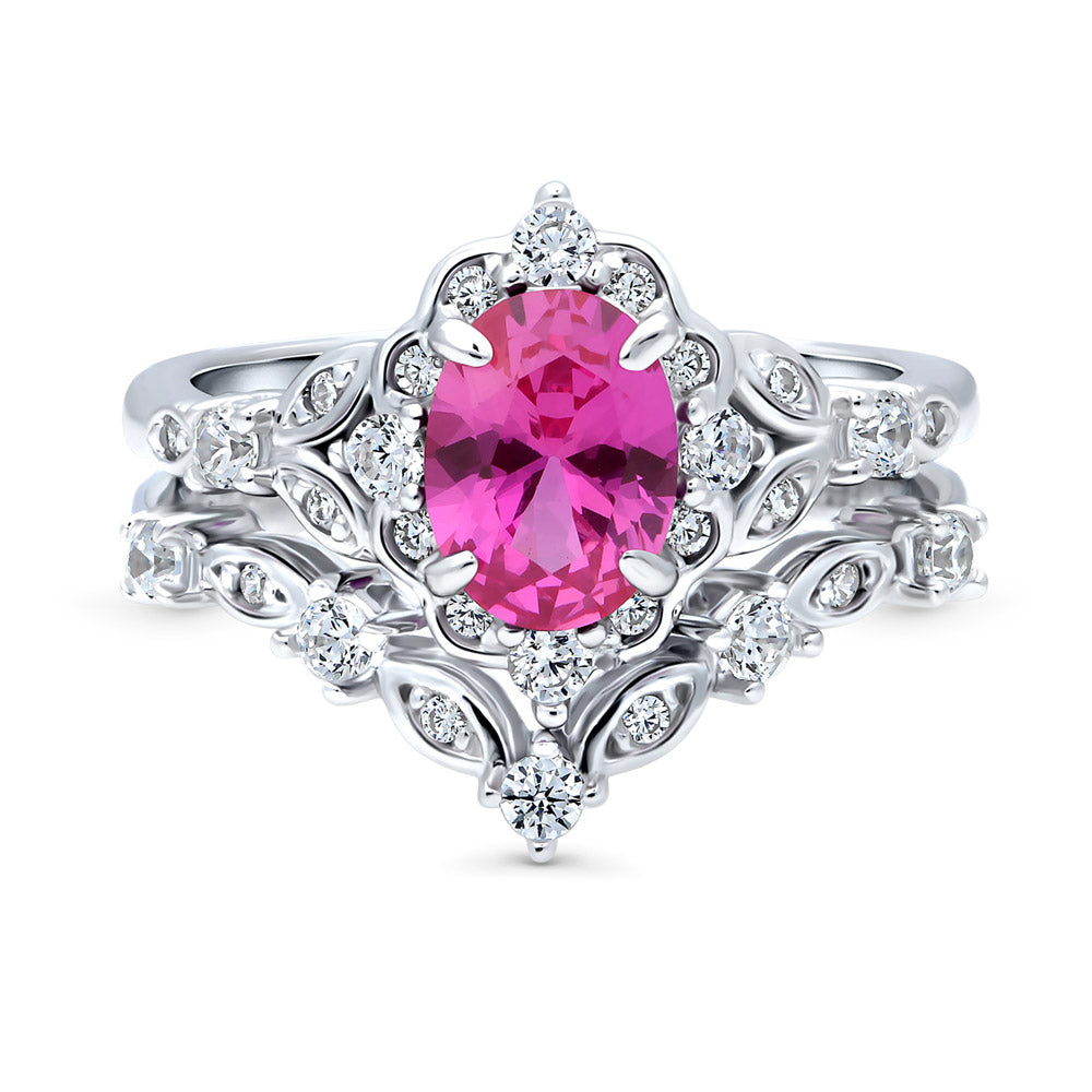 Chevron Halo Pink CZ Ring Set in Sterling Silver, 1 of 18