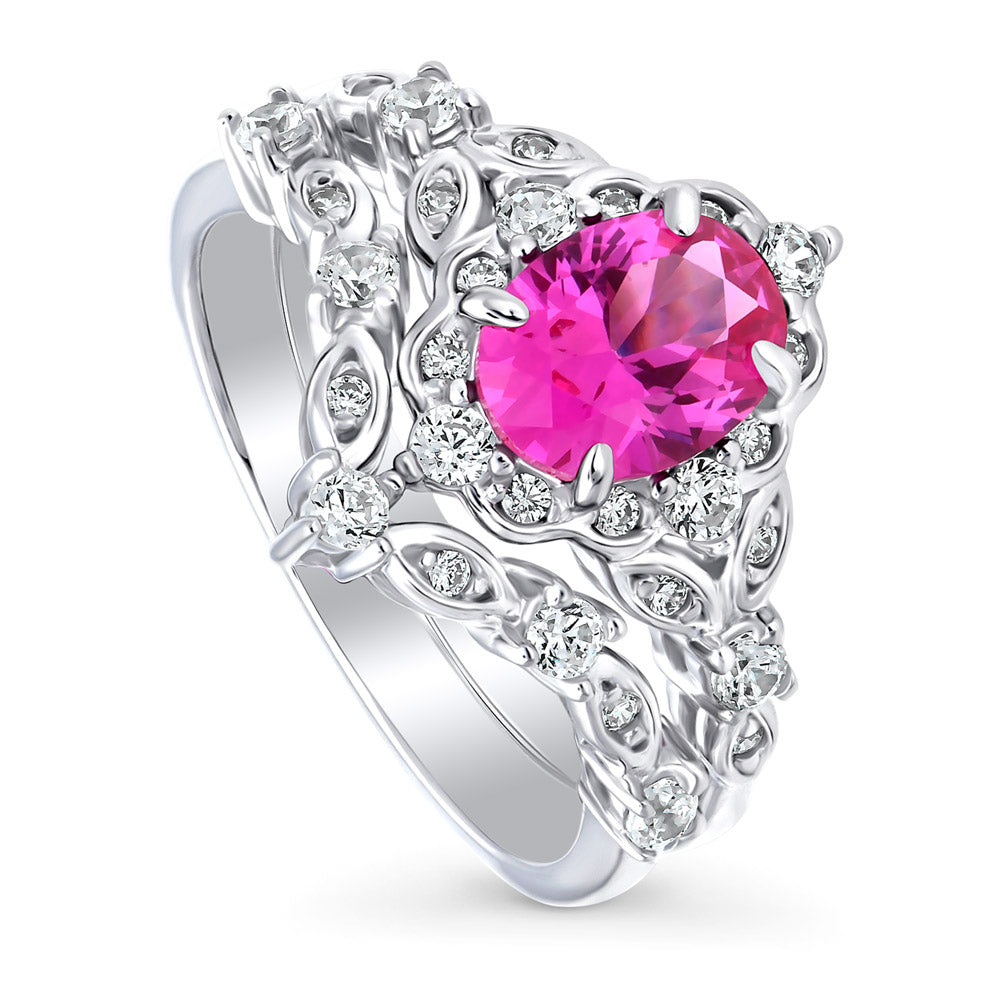Front view of Chevron Halo Pink CZ Ring Set in Sterling Silver, 4 of 18