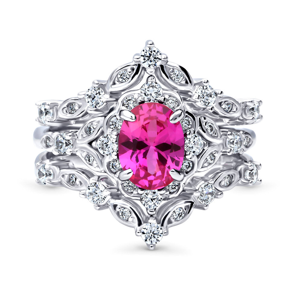 Chevron Halo Pink CZ Ring Set in Sterling Silver, 1 of 17
