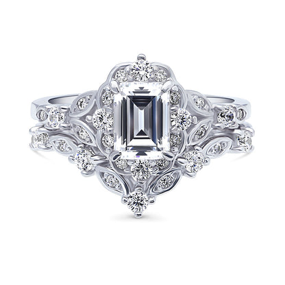 Halo Art Deco Chevron V Shaped CZ Ring Set in Sterling Silver