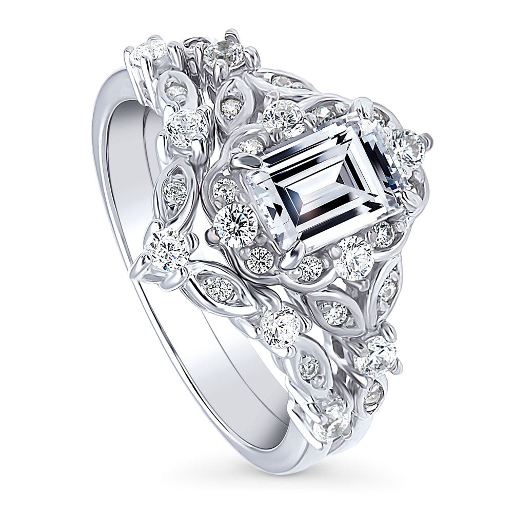 Front view of Chevron Halo CZ Ring Set in Sterling Silver, 4 of 16