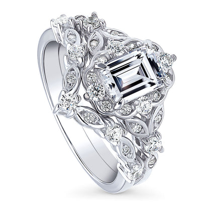 Halo Art Deco Chevron V Shaped CZ Ring Set in Sterling Silver
