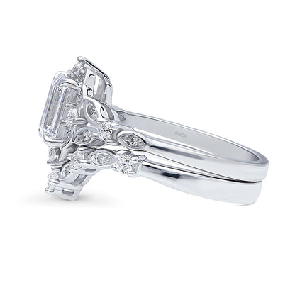Halo Art Deco Chevron V Shaped CZ Ring Set in Sterling Silver