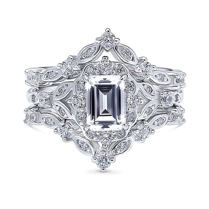 Halo Art Deco Chevron V Shaped CZ Ring Set in Sterling Silver