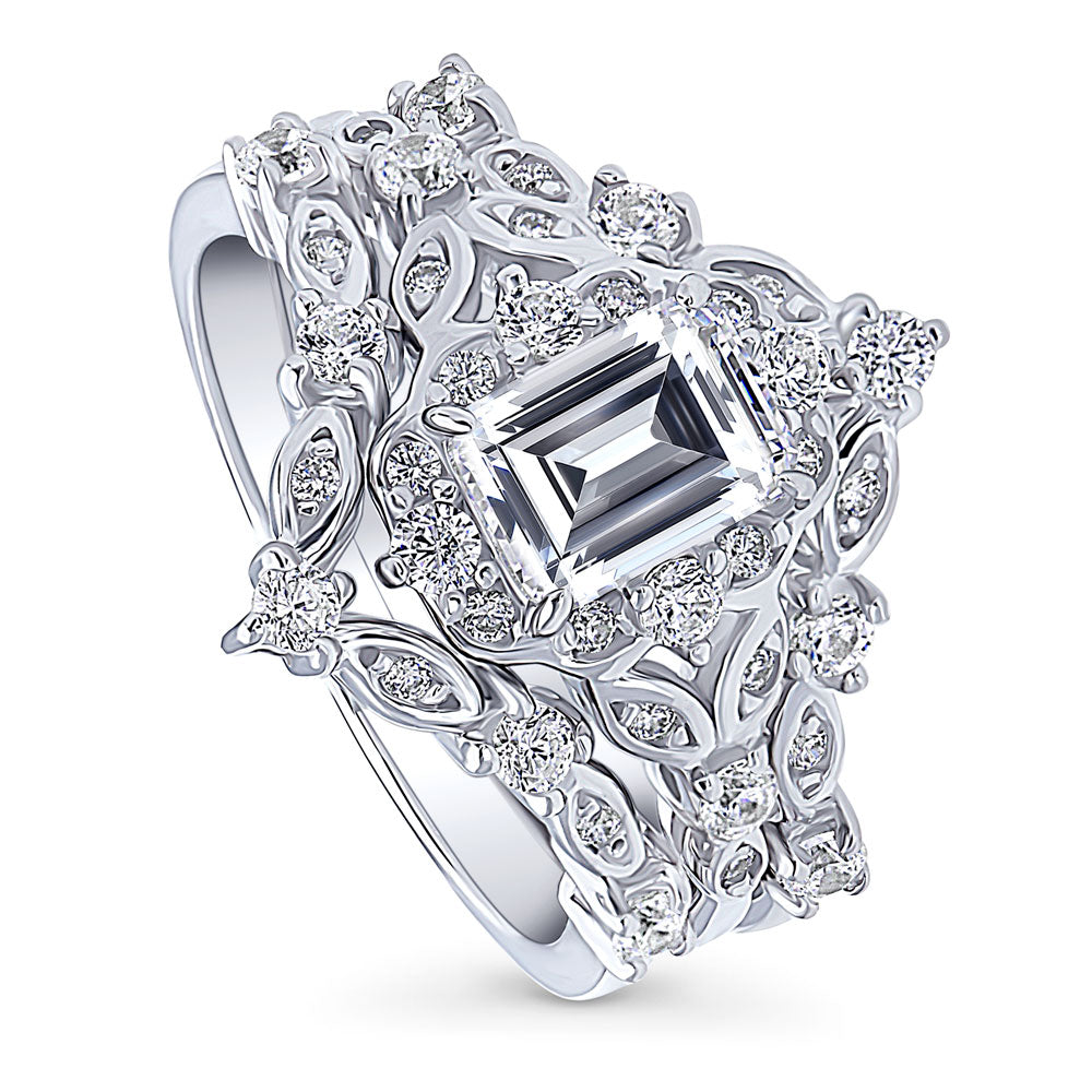 Front view of Halo Art Deco Chevron V Shaped CZ Ring Set in Sterling Silver, 4 of 16