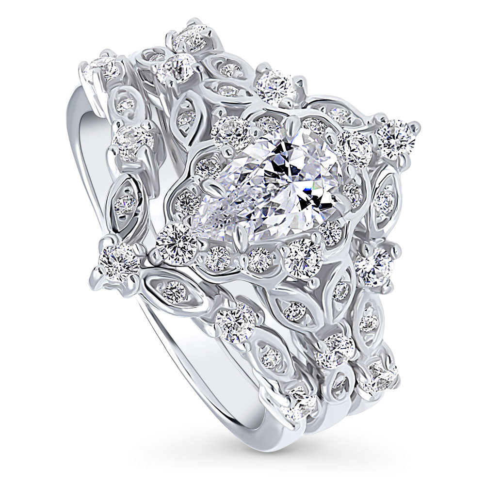 Front view of Halo Wishbone Pear CZ Ring Set in Sterling Silver, 4 of 16