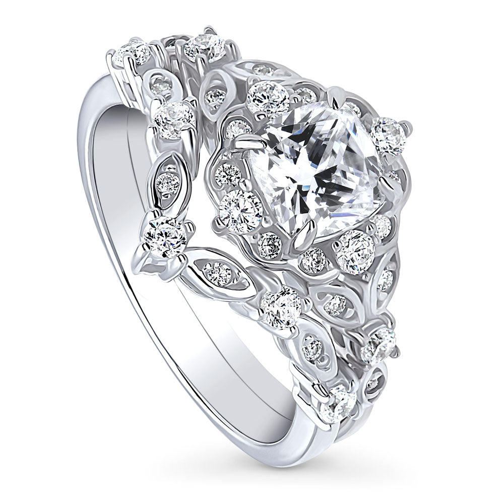 Front view of Halo Wishbone Cushion CZ Ring Set in Sterling Silver, 4 of 19