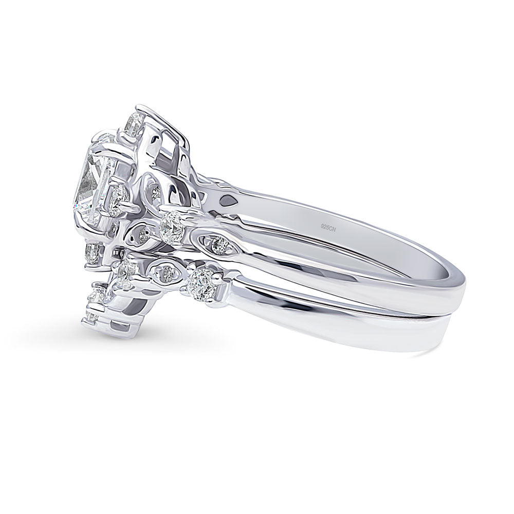 Angle view of Halo Wishbone Cushion CZ Ring Set in Sterling Silver, 5 of 19