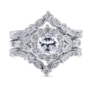 Chevron Halo CZ Ring Set in Sterling Silver