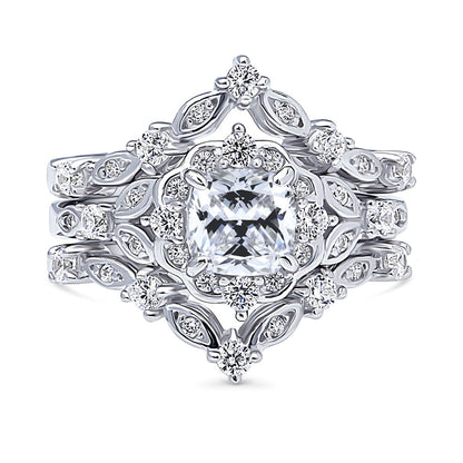 Halo Art Deco Chevron V Shaped CZ Ring Set in Sterling Silver