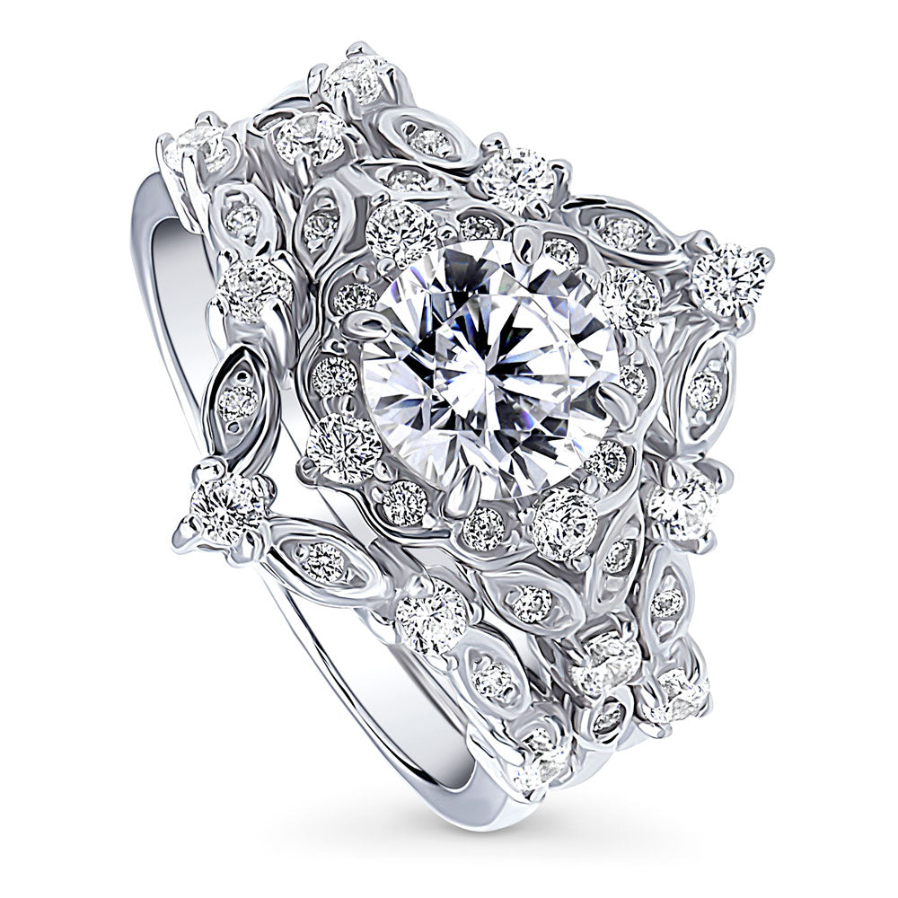 Front view of Chevron Halo CZ Ring Set in Sterling Silver, 4 of 16