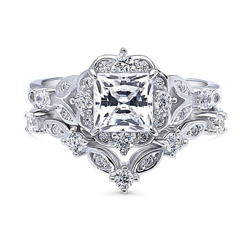 Chevron Halo CZ Ring Set in Sterling Silver