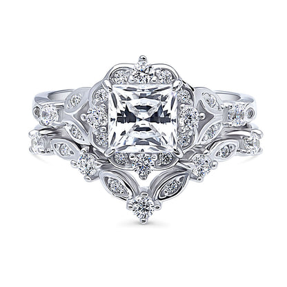 Halo Art Deco Chevron V Shaped CZ Ring Set in Sterling Silver