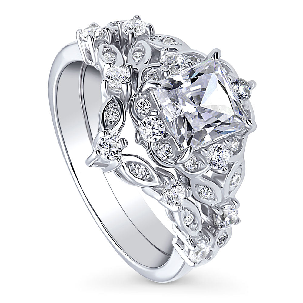 Halo Art Deco Chevron V Shaped CZ Ring Set in Sterling Silver