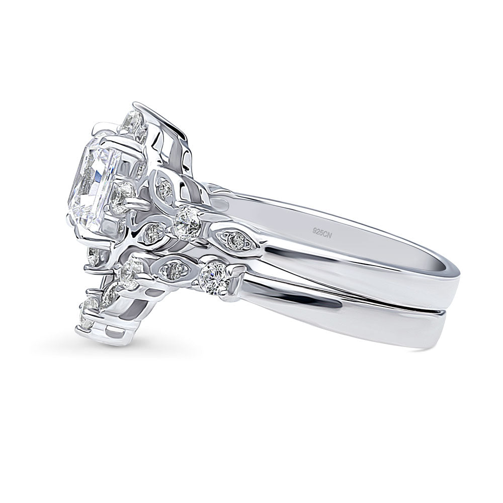 Angle view of Halo Art Deco Chevron V Shaped CZ Ring Set in Sterling Silver, 5 of 12