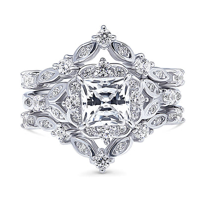 Halo Art Deco Chevron V Shaped CZ Ring Set in Sterling Silver