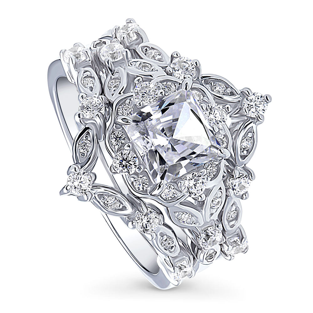 Front view of Halo Art Deco Chevron V Shaped CZ Ring Set in Sterling Silver, 4 of 12