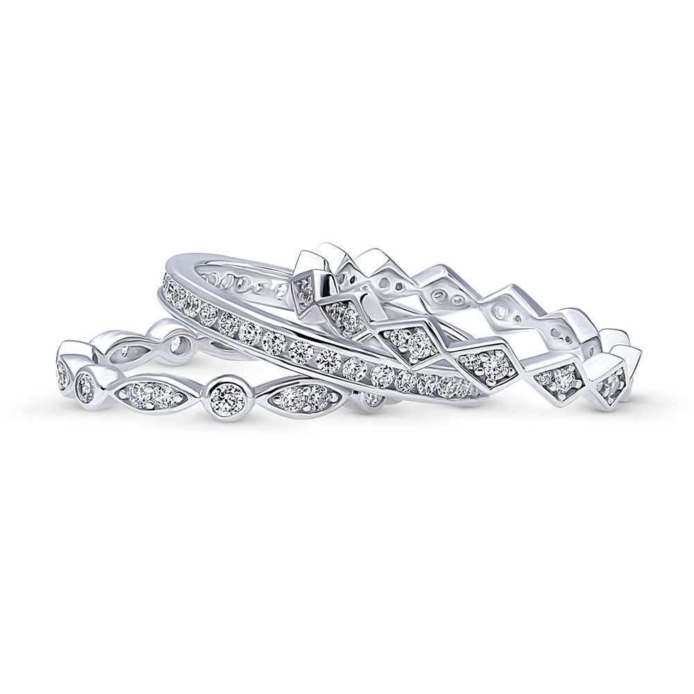 Front view of Woven Bubble Bezel Set CZ Eternity Ring Set in Sterling Silver, 3 of 10
